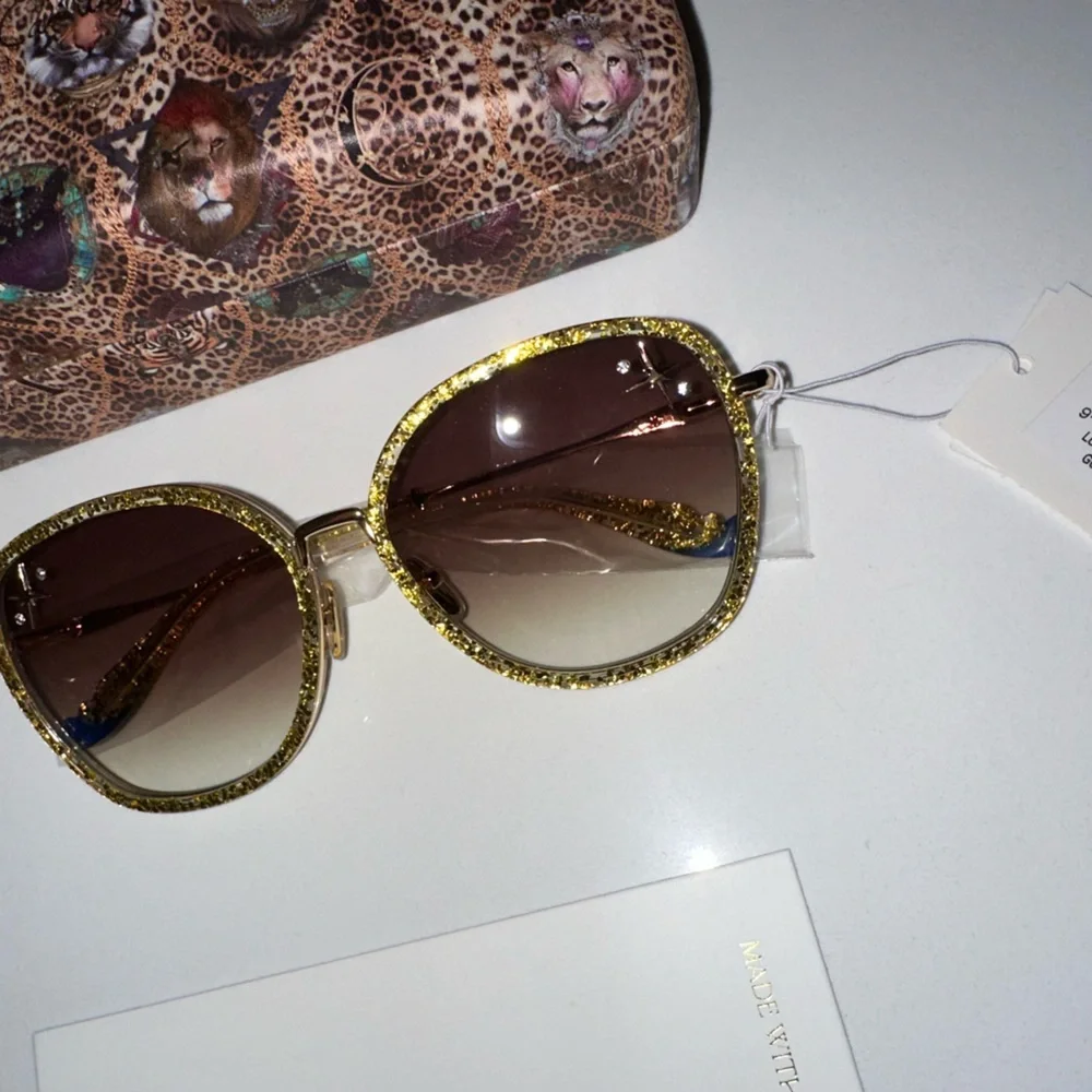 Camilla “Luxor Life” Oversized Gold Glitter Brown Gradient Boho Sunglasses